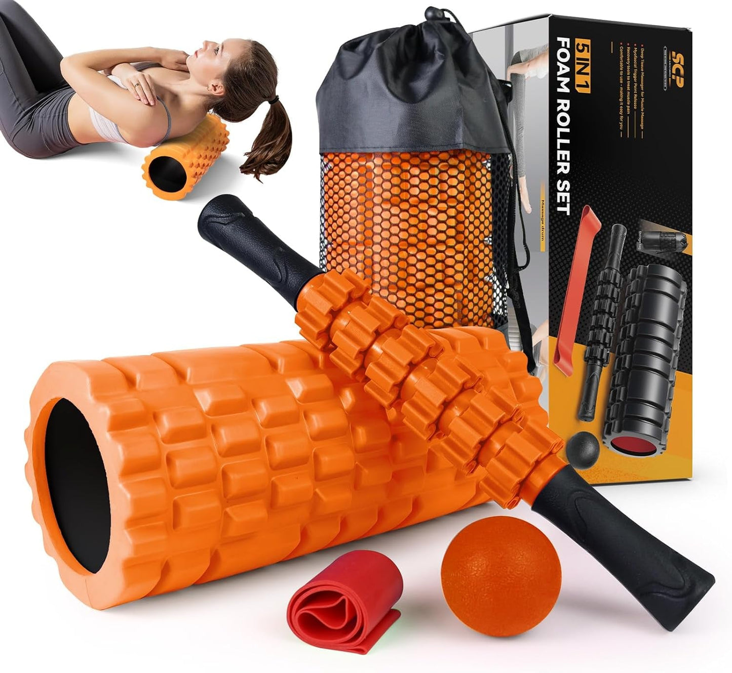 5 In1 Foam Roller Set, Trigger Point Foam Roller, Massage Roller Stick, Massage Ball, Resistance Band for Deep Muscle Massage Pilates Yoga,Fitness Exercise for Whole Body (Orange-Black)