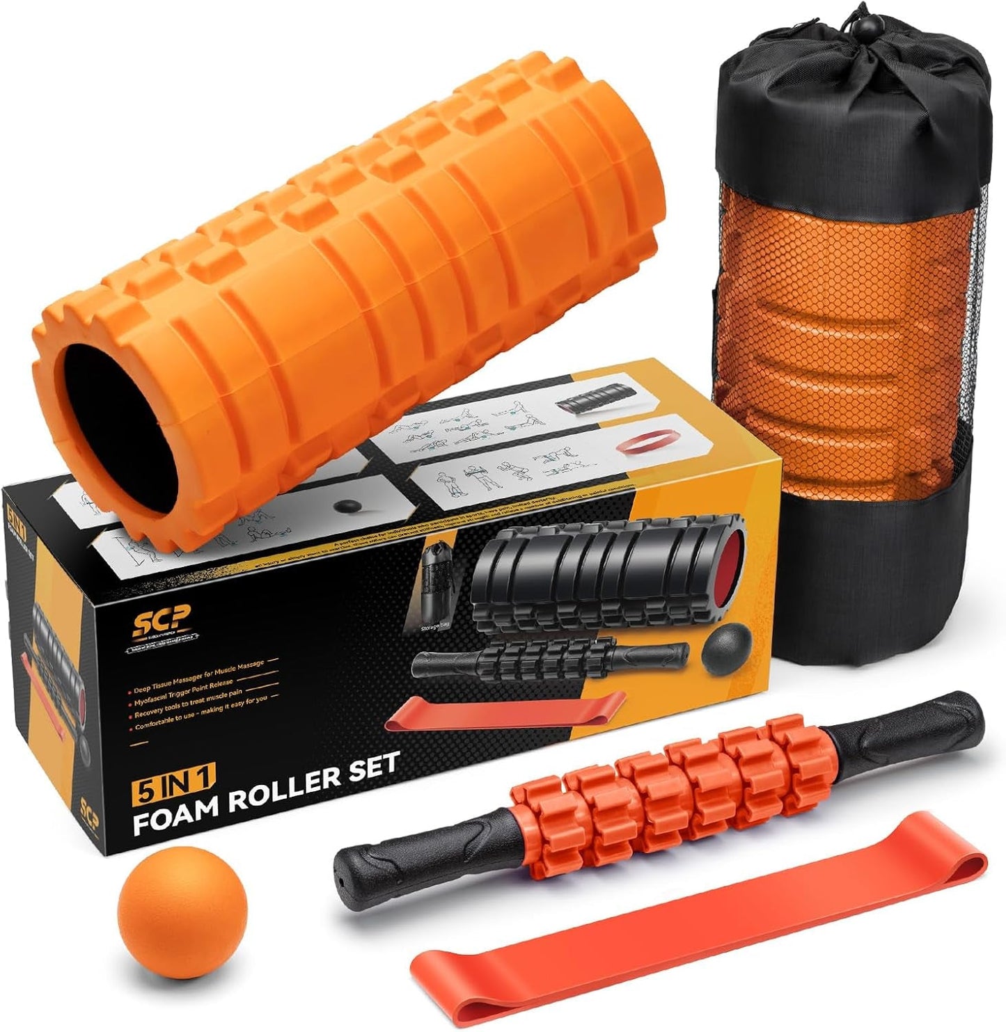 5 In1 Foam Roller Set, Trigger Point Foam Roller, Massage Roller Stick, Massage Ball, Resistance Band for Deep Muscle Massage Pilates Yoga,Fitness Exercise for Whole Body (Orange-Black)